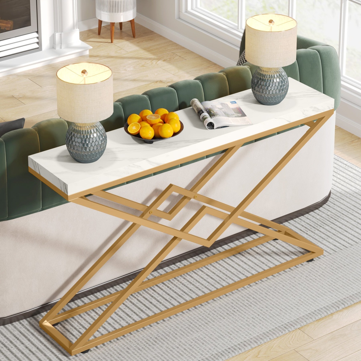 Console Table, 42? White Faux Marble Sofa Table Behind Couch - Image 5