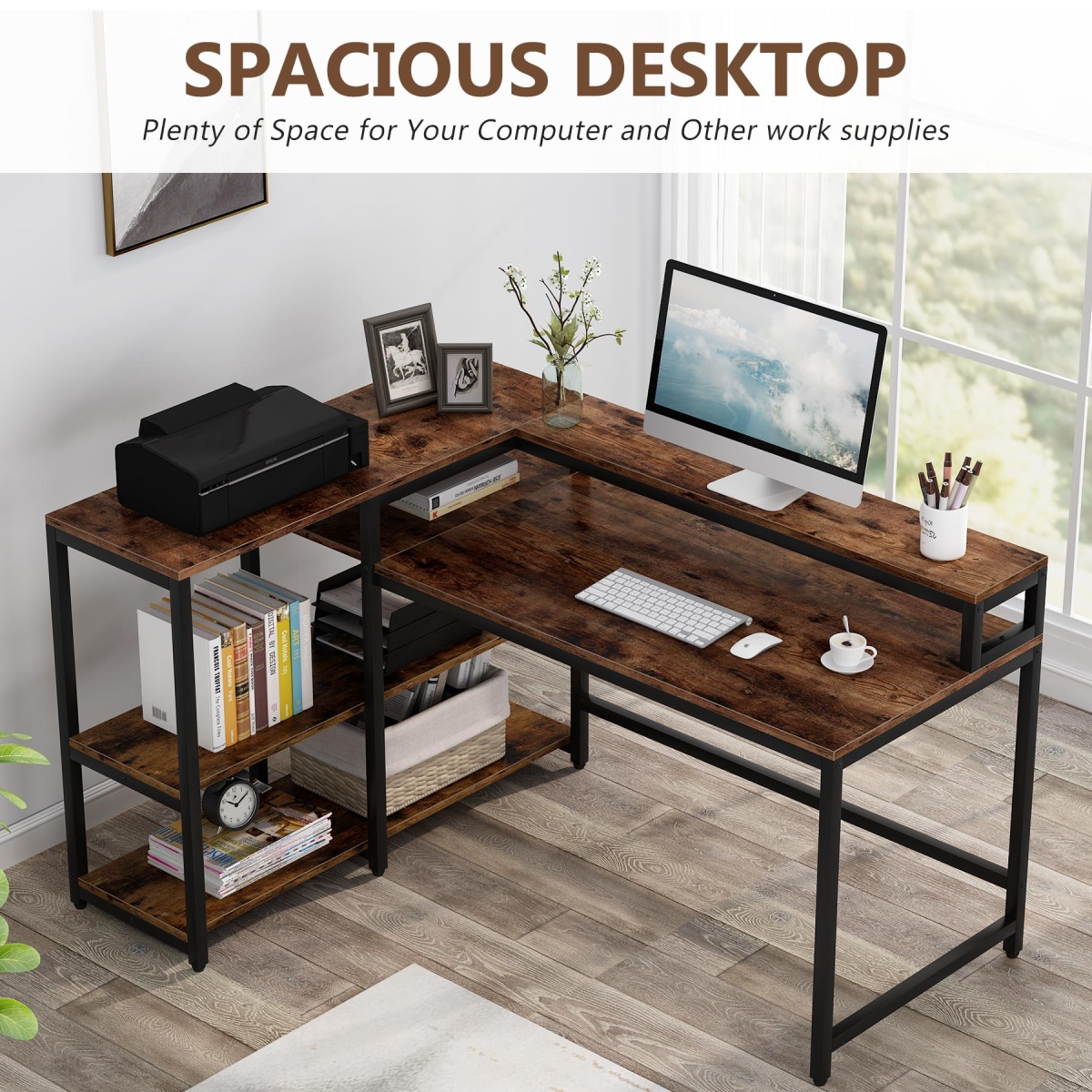 Reversible L Shaped Computer Corner Desk with Shelves - Image 5
