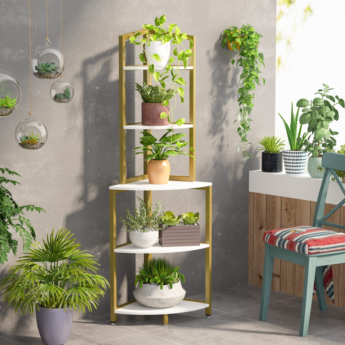 Corner Shelf, 60 Inch Corner Bookshelf Ladder Shelf Plant Stand - Image 11