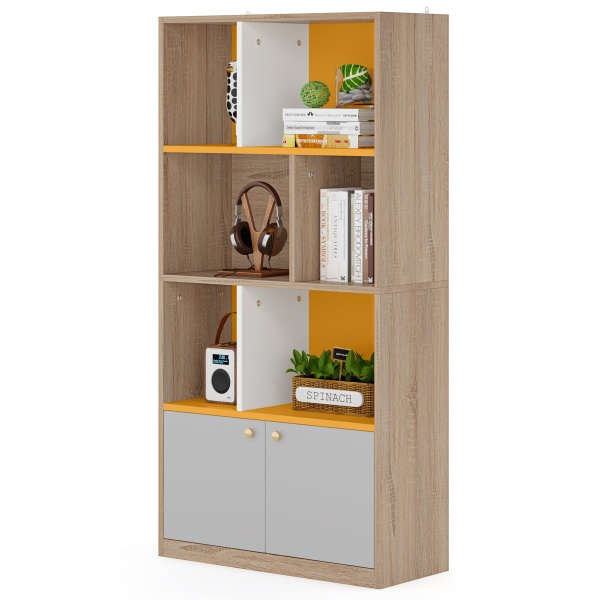Bookshelf, 65? Tall Freestanding Cube Bookcase with Doors & Open Shelves