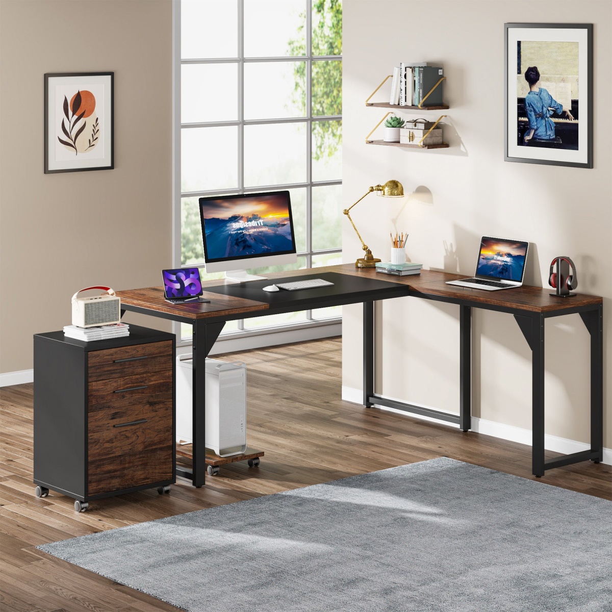 L-Shaped Desk, 63? Executive Computer Desk with Mobile File Cabinet - Image 2