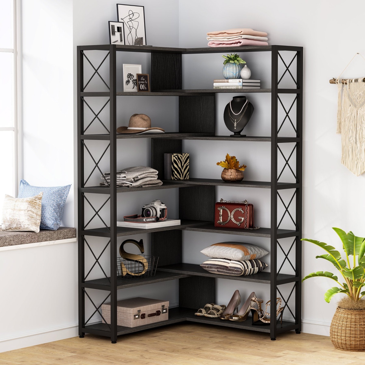 Corner Bookshelf, 6-Tier Bookcase Corner Storage Display Stand - Image 5