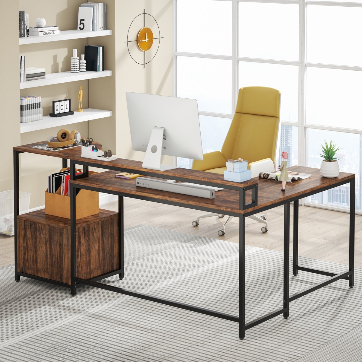 L-Shaped Desk, 67 Inch Corner Computer Desk with Hutch and Drawer - Image 5