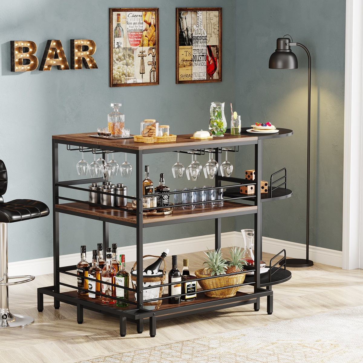 Home Bar Unit, 3-Tier L-Shaped Liquor Bar Table with Glass Holders - Image 6