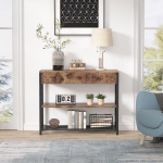 Console Table, Rustic Sofa Side Table With Drawer & 2-Tier Storage Shelves - Image 4