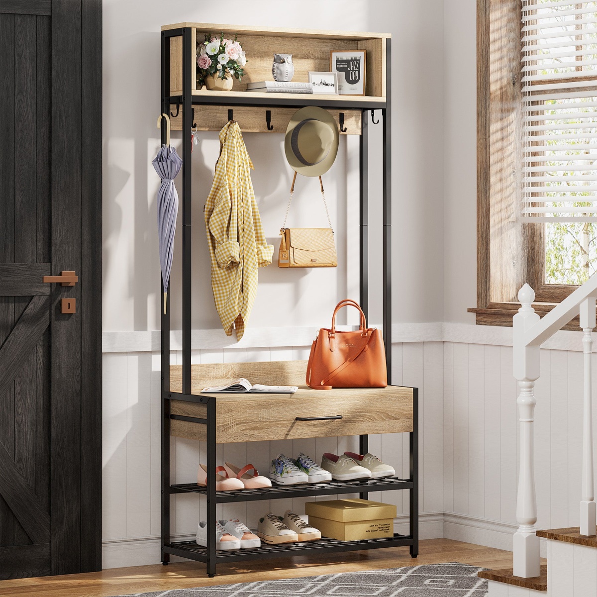 Coat Rack Shoe Bench, Entryway Hall Tree with Drawer & Hooks - Image 9