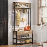 Coat Rack Shoe Bench, Entryway Hall Tree with Drawer & Hooks - Image 9