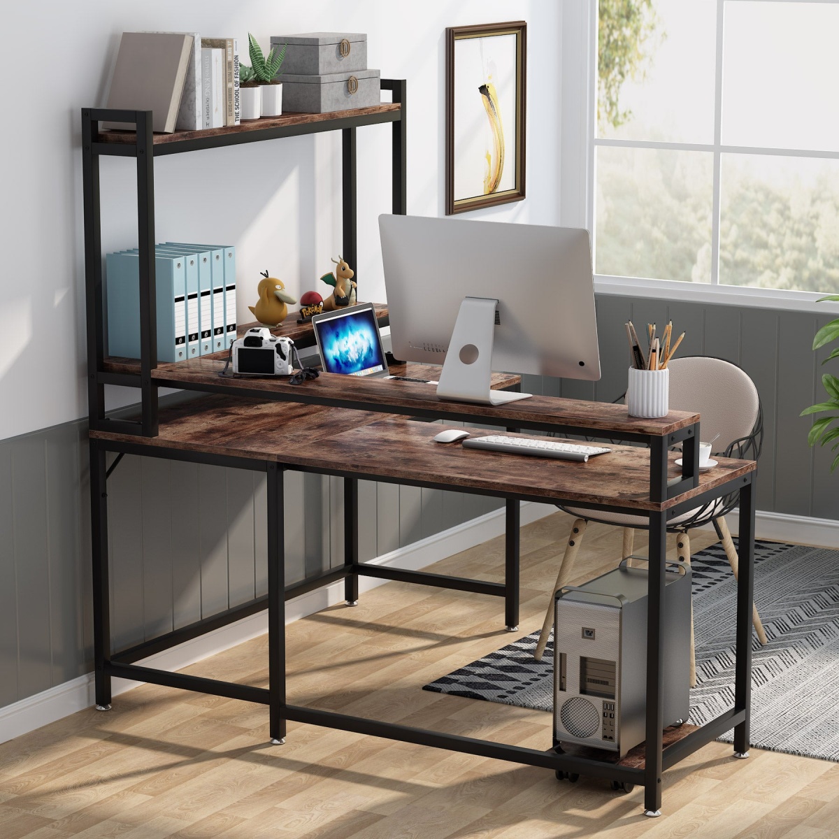 L-Shaped Desk, Corner Computer Desk with Hutch and Monitor Stand - Image 4