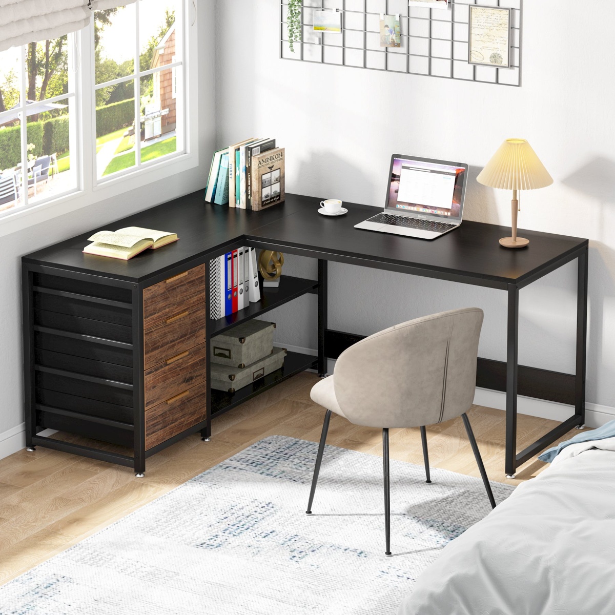 L-Shaped Desk, 59? Reversible Corner Desk with Drawers & Shelves - Image 4