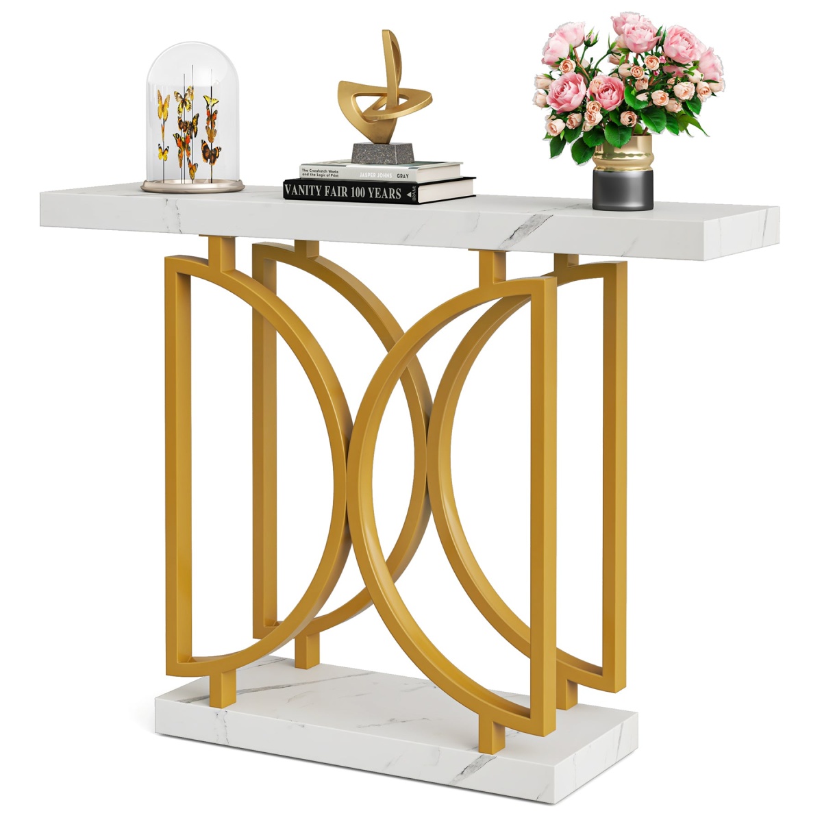 Console Table, Faux Marble Sofa Table with Double D-Shaped Metal Base - Image 1
