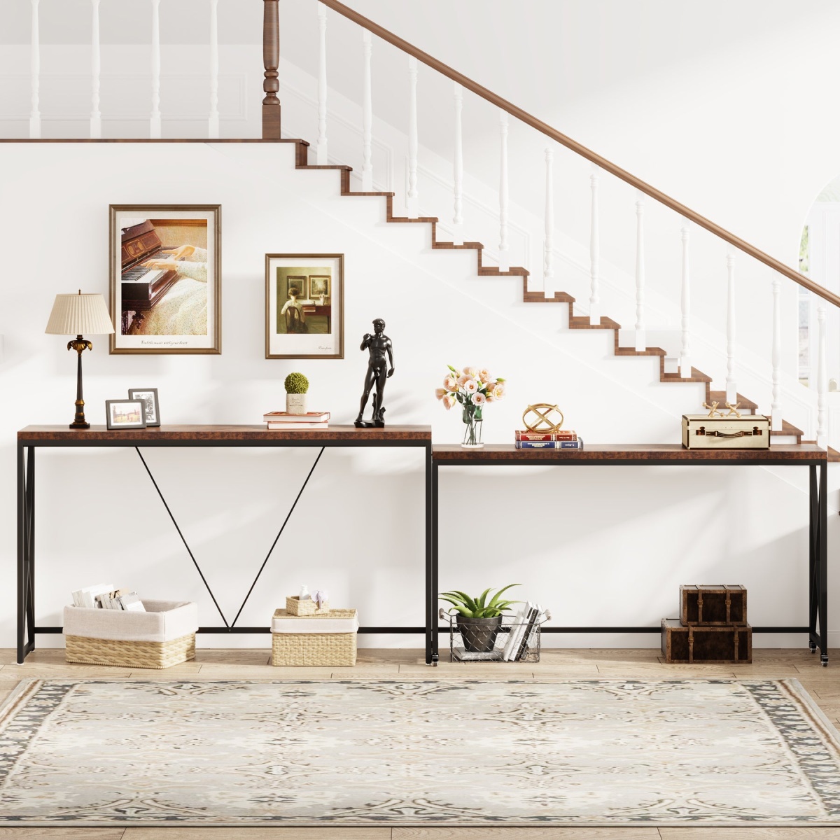 Console Table Set of 2, Narrow Long Sofa Table with Wheels - Image 6