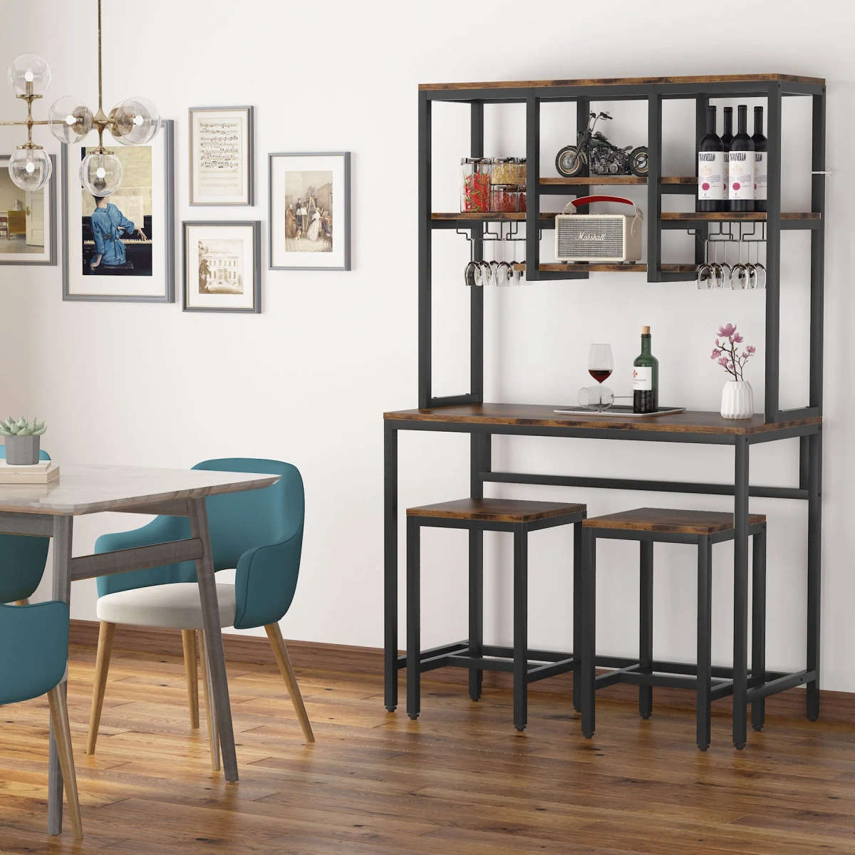 Bar Table Set, Industrial Pub Table with 2 Bar Stools & with Glass Holder - Image 4
