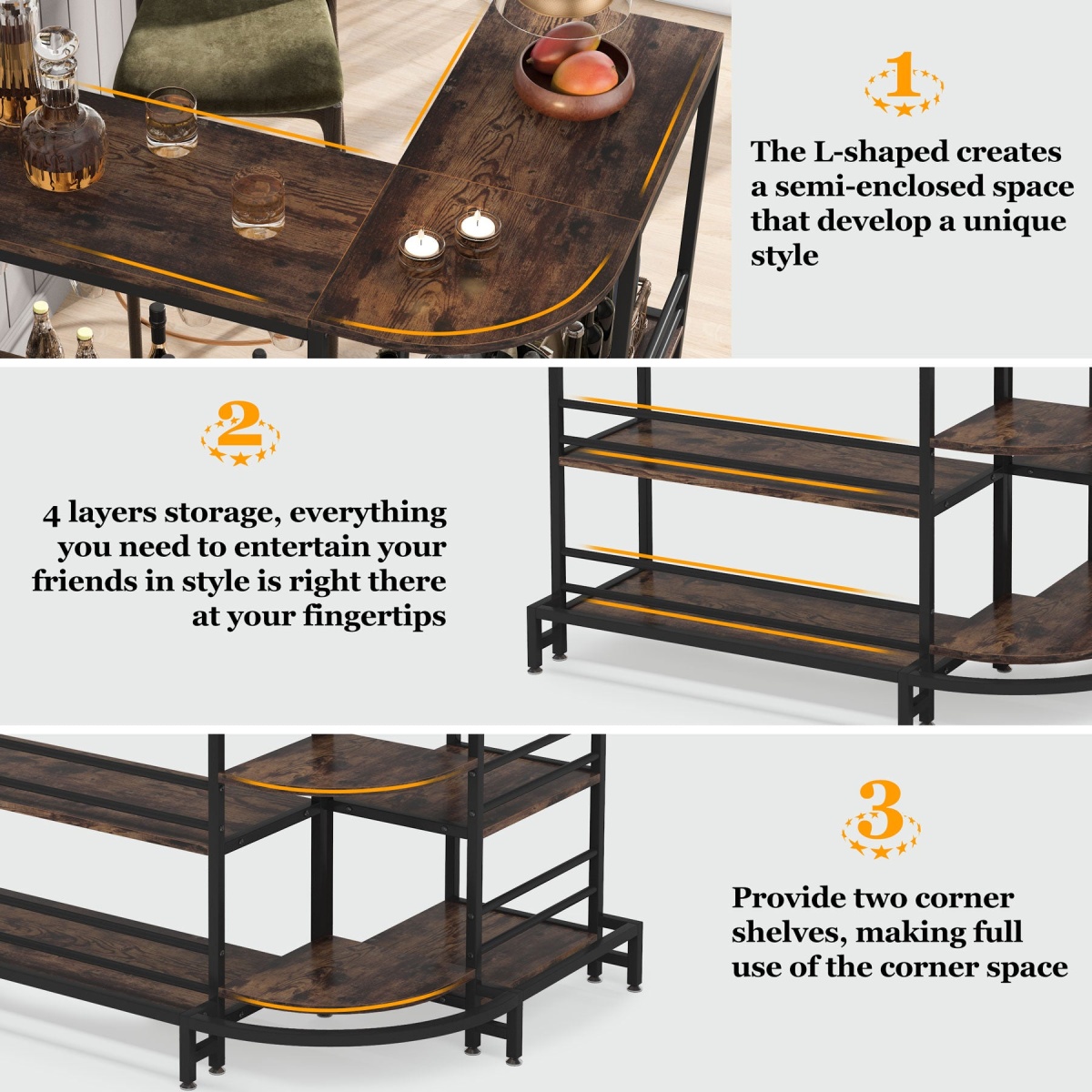 Bar Unit, 3-Tier L-Shaped Liquor Bar Table with Storage - Image 6