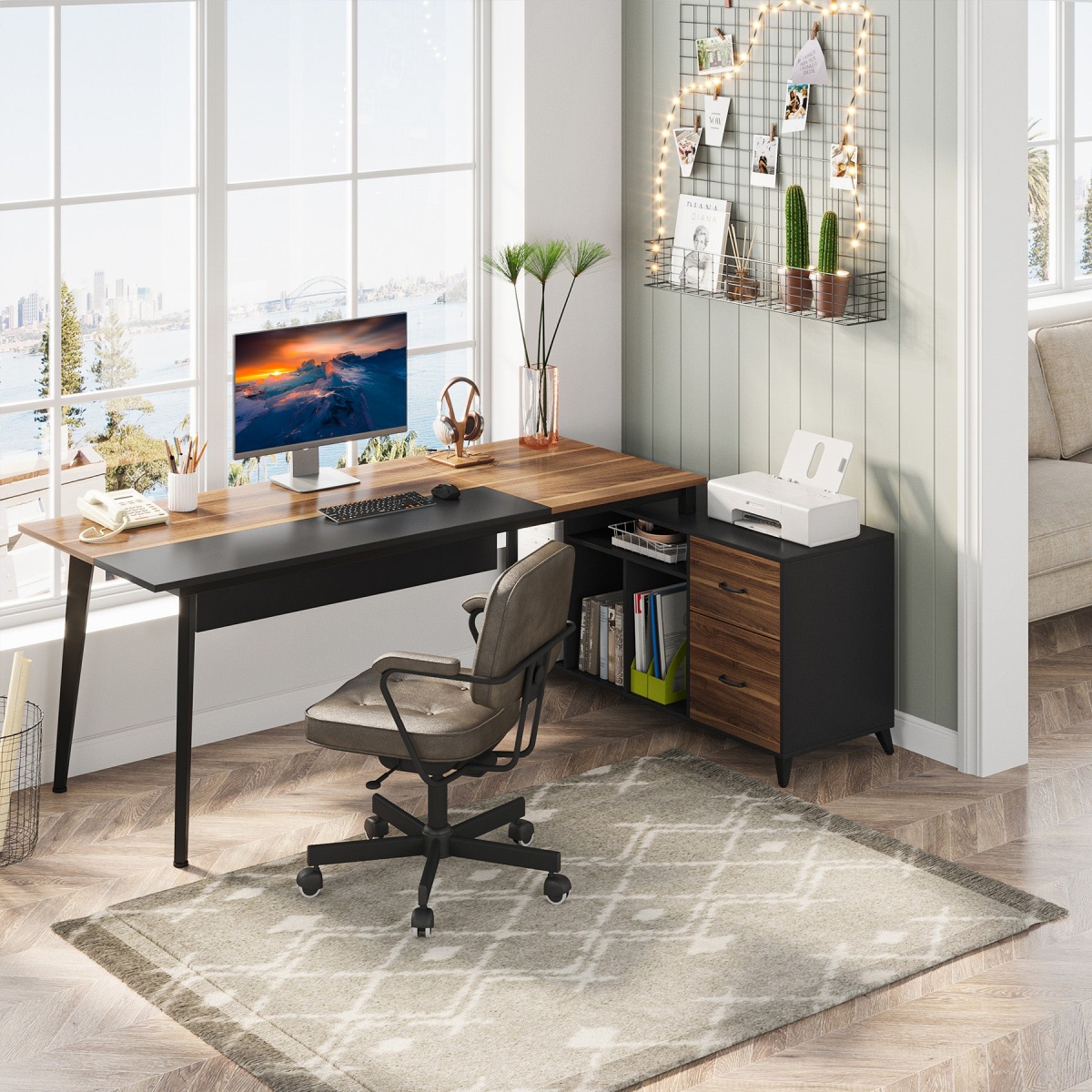 L-Shaped Desk, 70.9?? Office Executive Desk with File Cabinet - Image 5