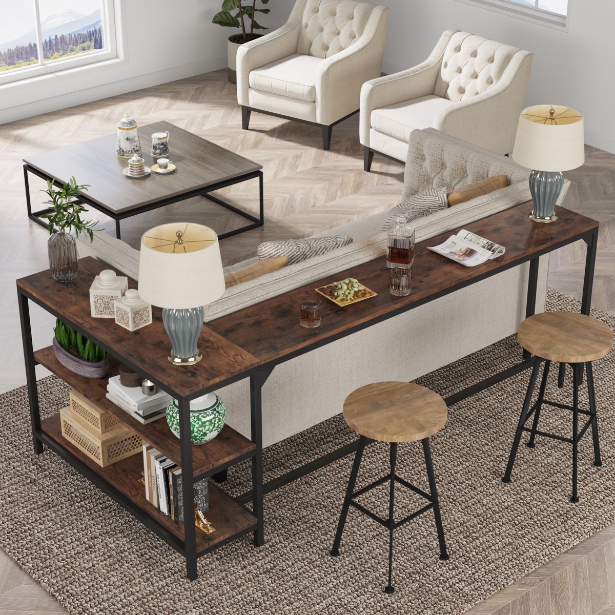 L-Shaped Console Table, Reversible Sofa Table with 3-Tier Shelves - Image 5