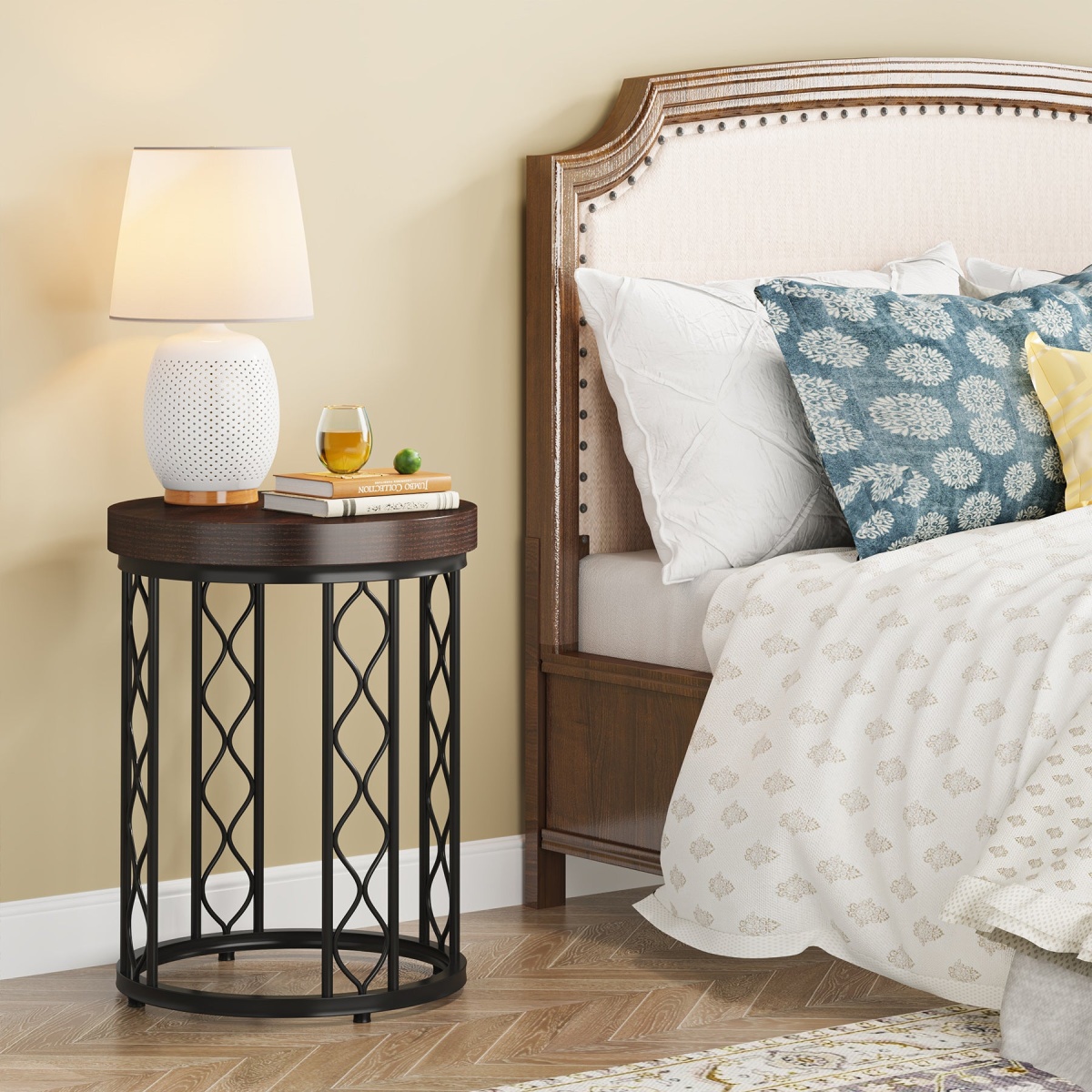 End Table, Round Side Table Nightstand with Metal Frame - Image 4