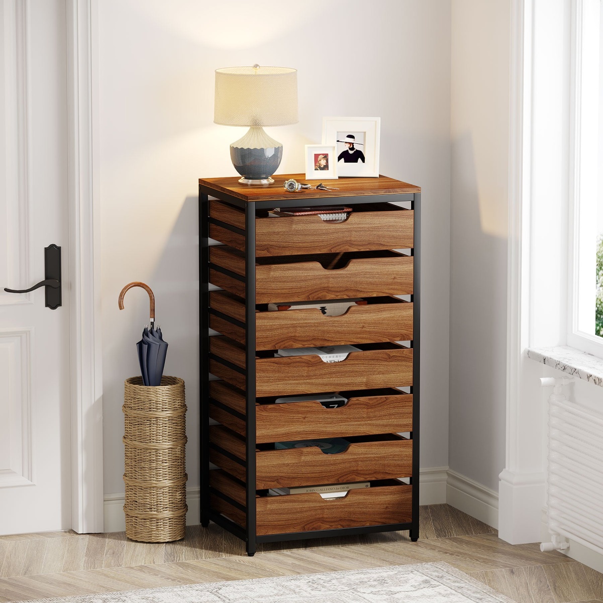 7 Drawer Chest, Industrial Storage Dresser Cabinet with Metal Legs - Image 6