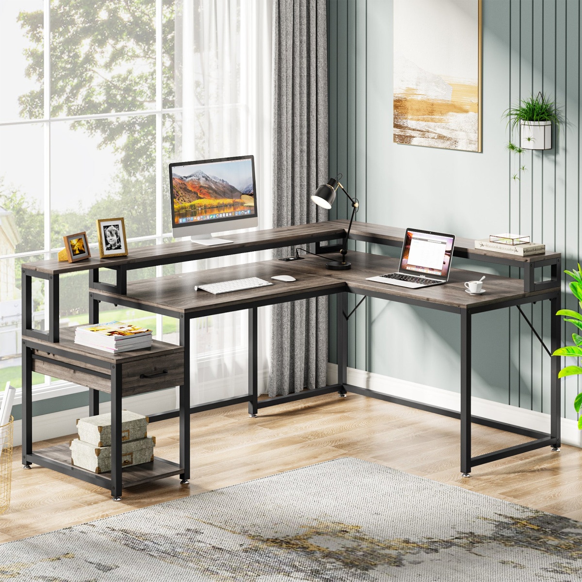 L-Shaped Desk, Corner Desk with Power Outlets, Monitor Stand & Drawer - Image 9