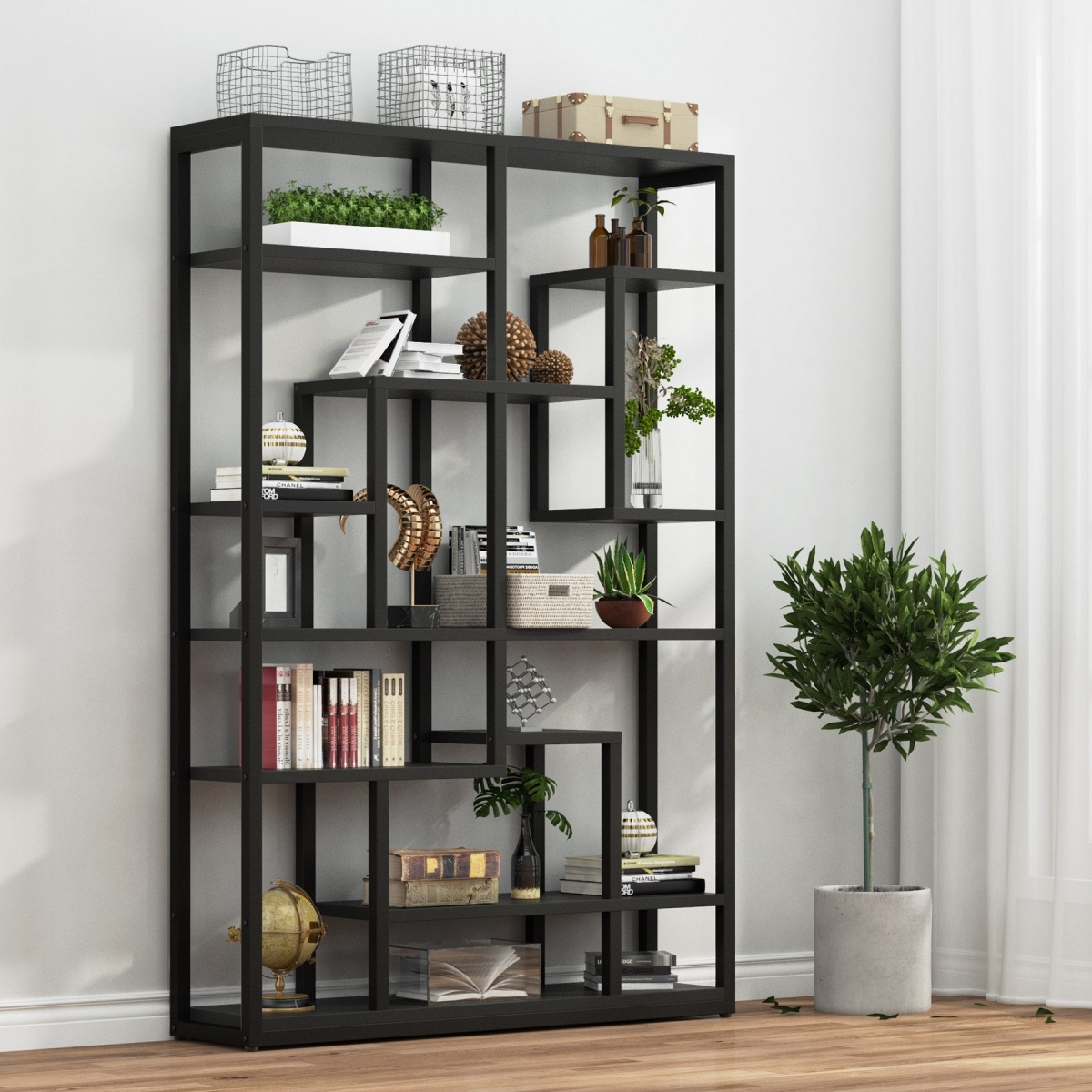 Bookshelf, Standing Shelf Bookcase Storage Rack, Black - Image 4