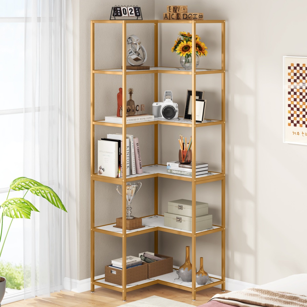 Corner Bookshelf, 70.5? L-Shaped 6-Shelf Etagere Bookcase - Image 4