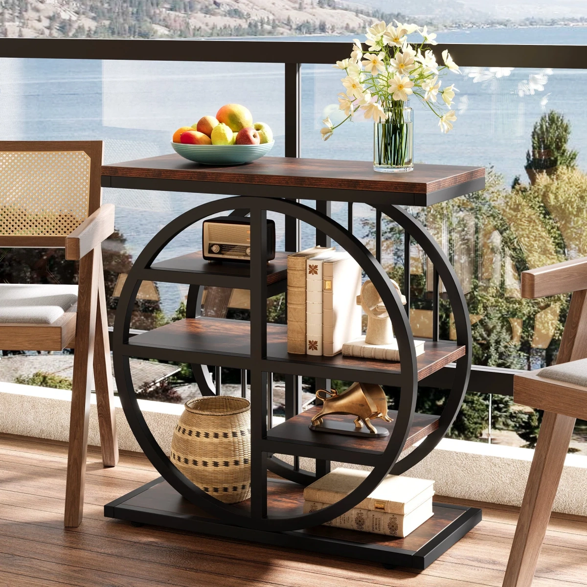 Round End Table, Industrial Side Table with Metal Hollow Frame - Image 54