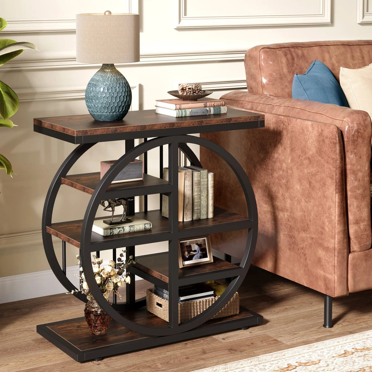 Round End Table, Industrial Side Table with Metal Hollow Frame - Image 53