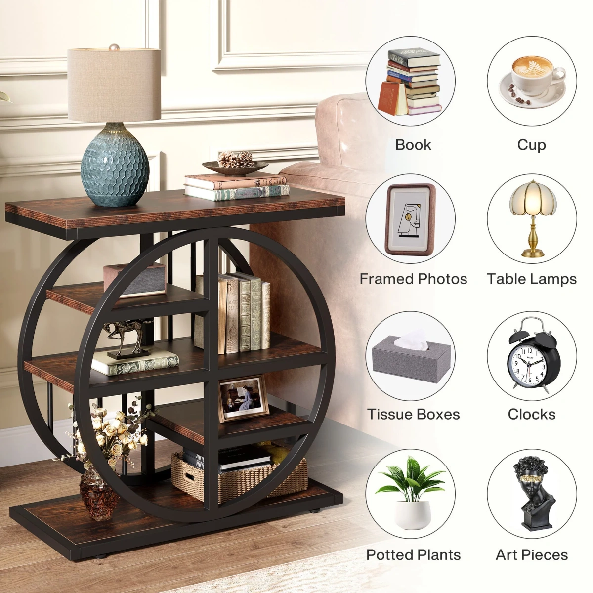 Round End Table, Industrial Side Table with Metal Hollow Frame - Image 55