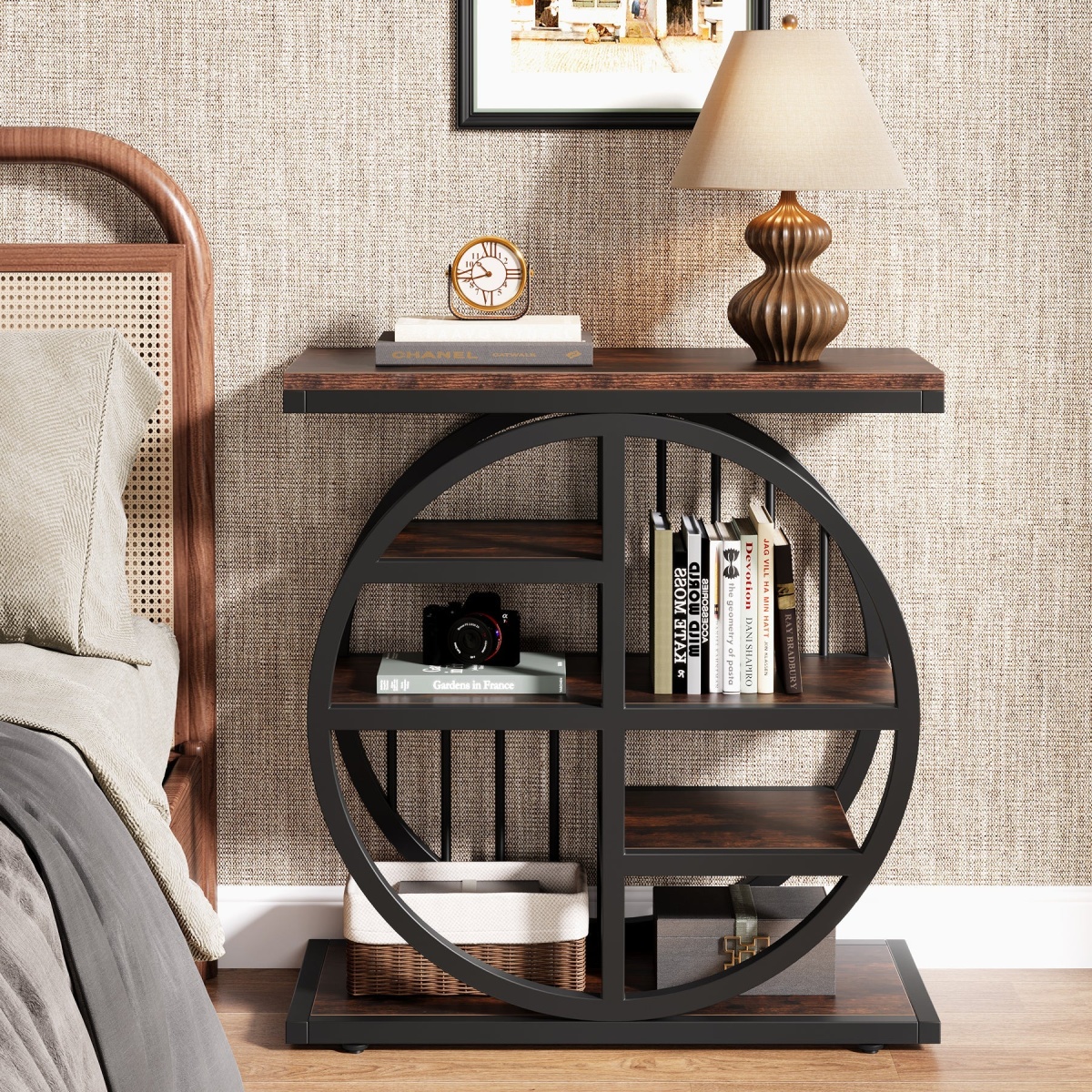 Round End Table, Industrial Side Table with Metal Hollow Frame - Image 56