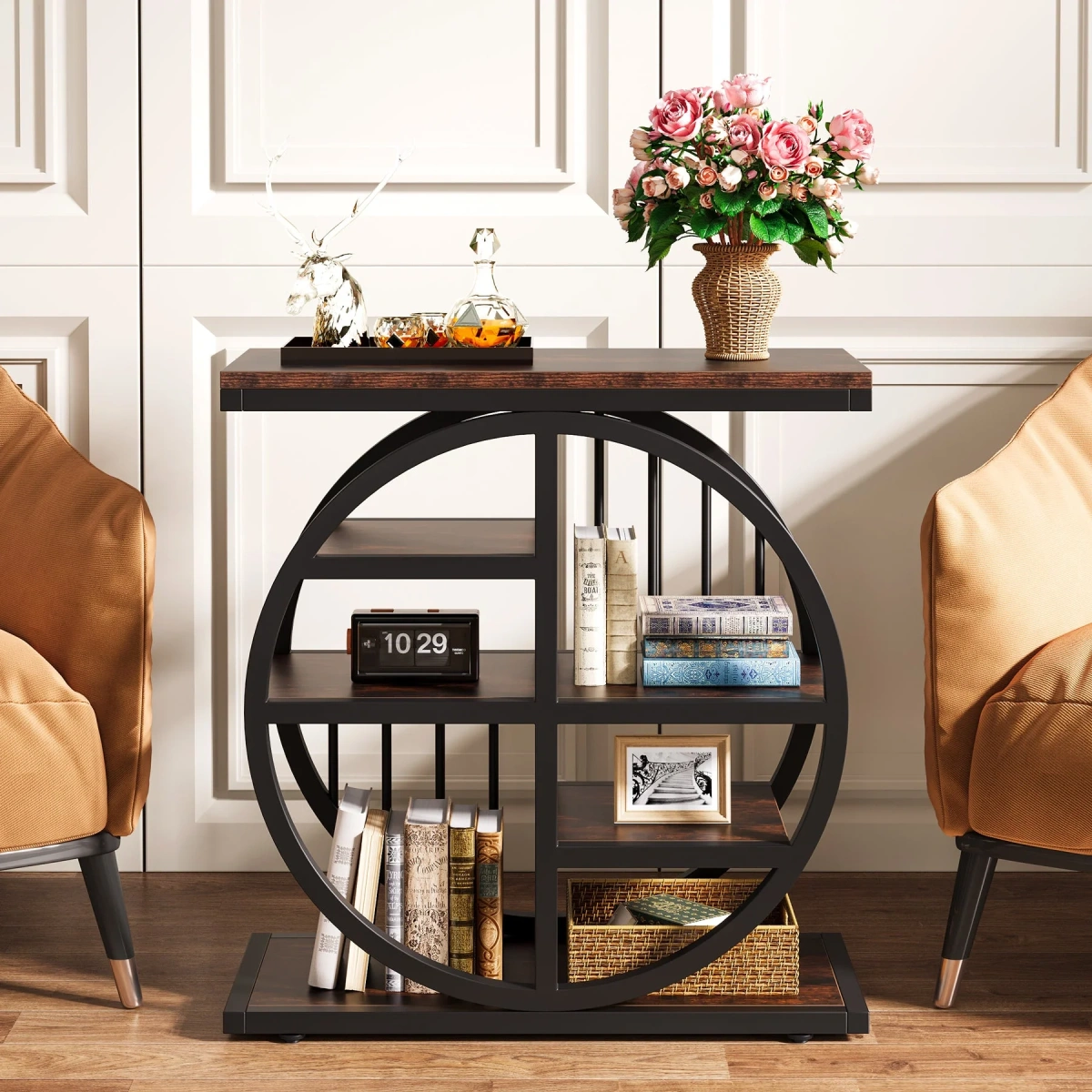 Round End Table, Industrial Side Table with Metal Hollow Frame - Image 58