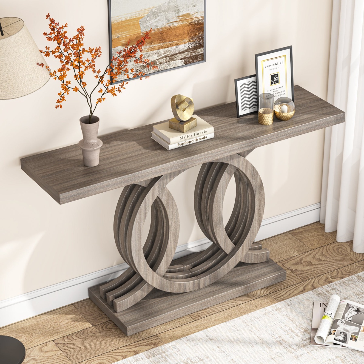 Console Table, 55? Farmhouse Hallway Sofa Table With Geometric Base - Image 6