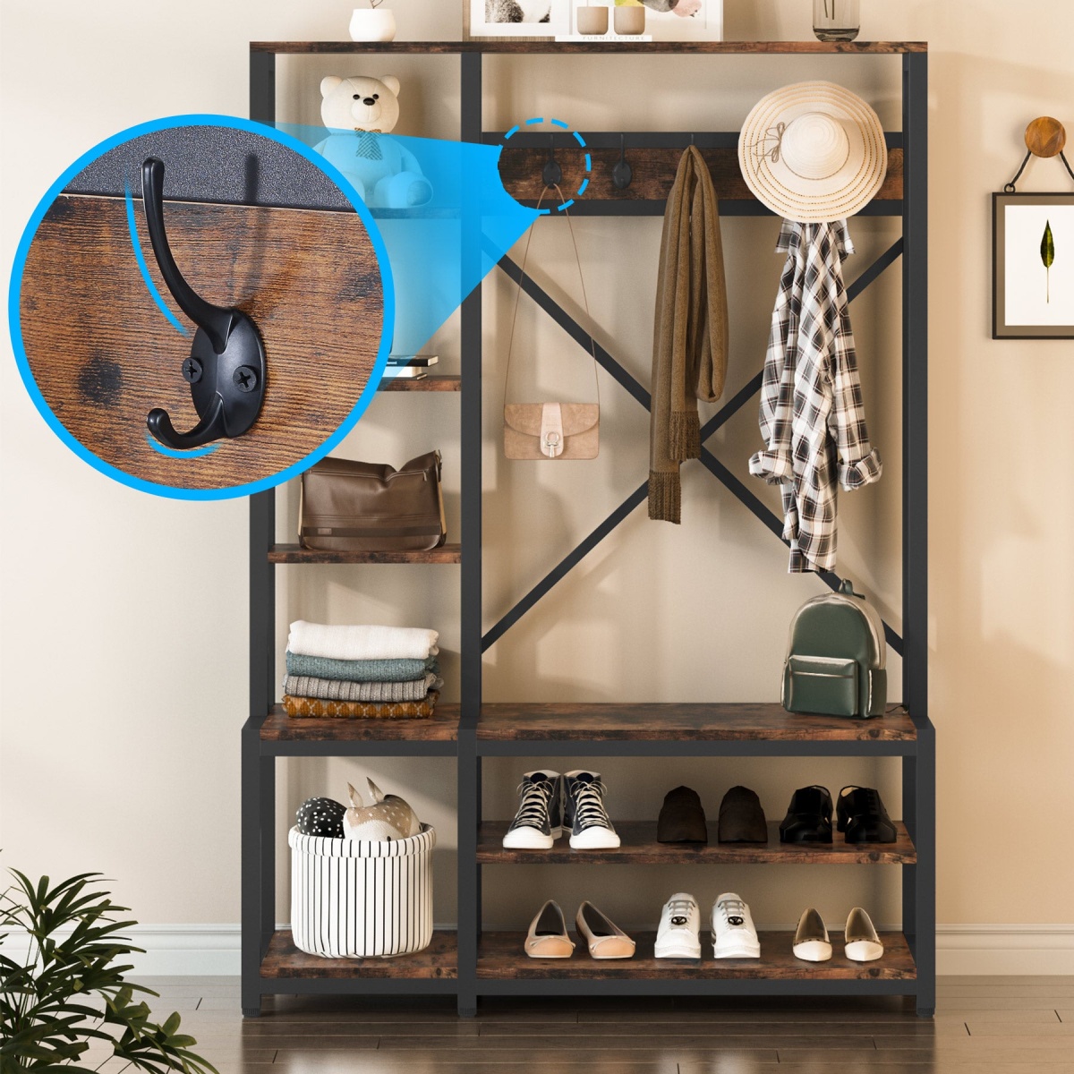 Coat Rack Shoe Bench, 4-in-1 Entryway Hall Tree with Shelves - Image 6
