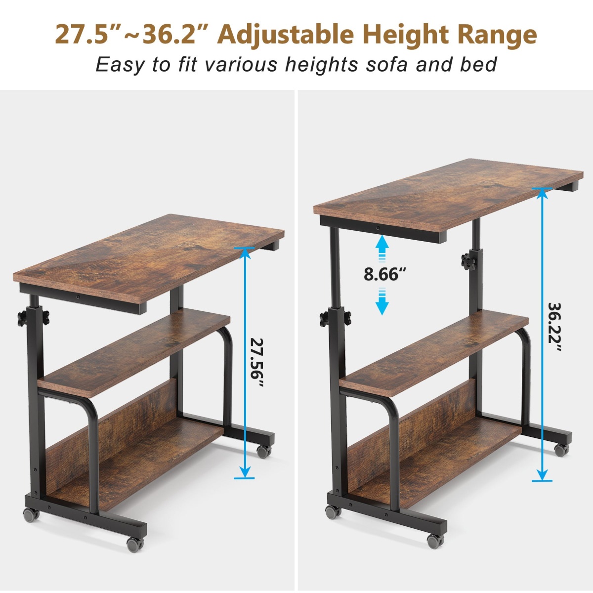 C Table, Height Adjustable Bedside Sofa Table with Wheels - Image 6