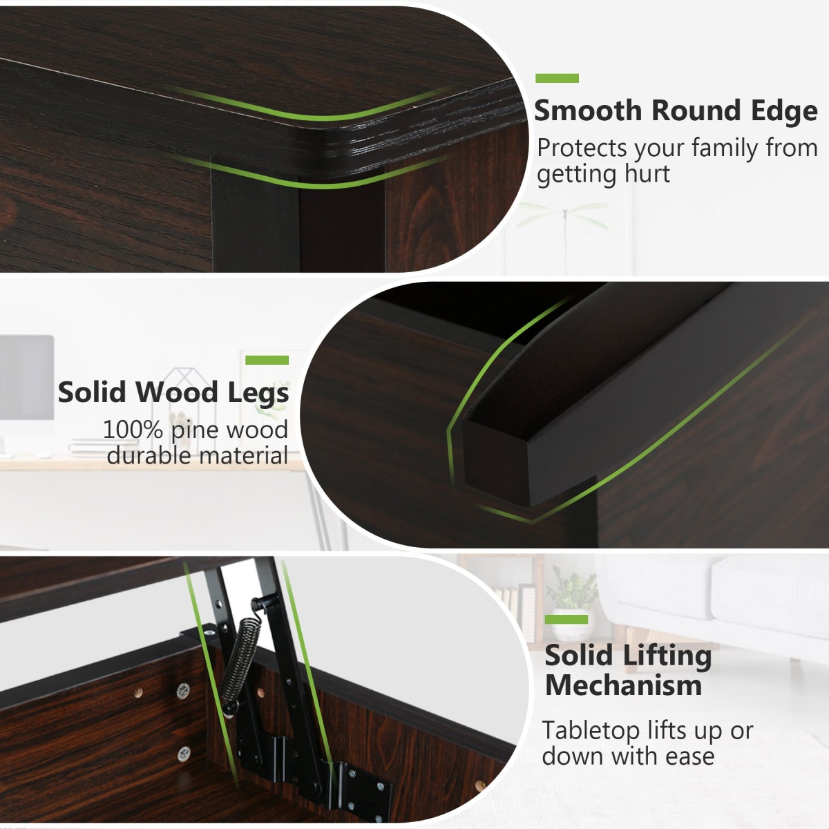 Coffee Table, Lift Top Center Table with Storage Shelves - Image 6