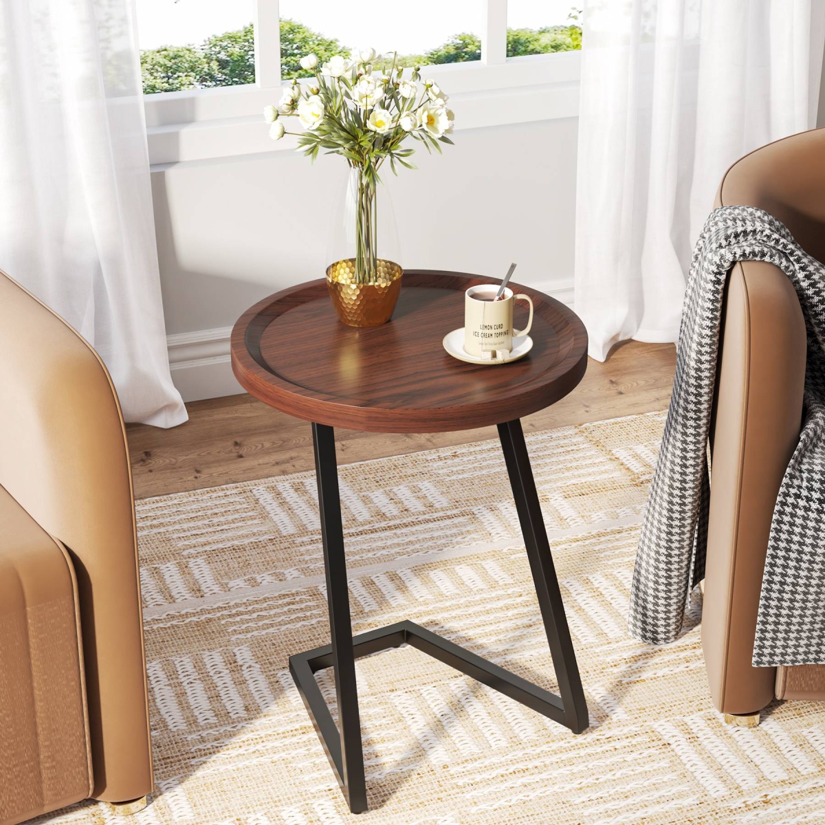 End Table, Round Side Snack Table with L-Shaped Metal Leg - Image 6