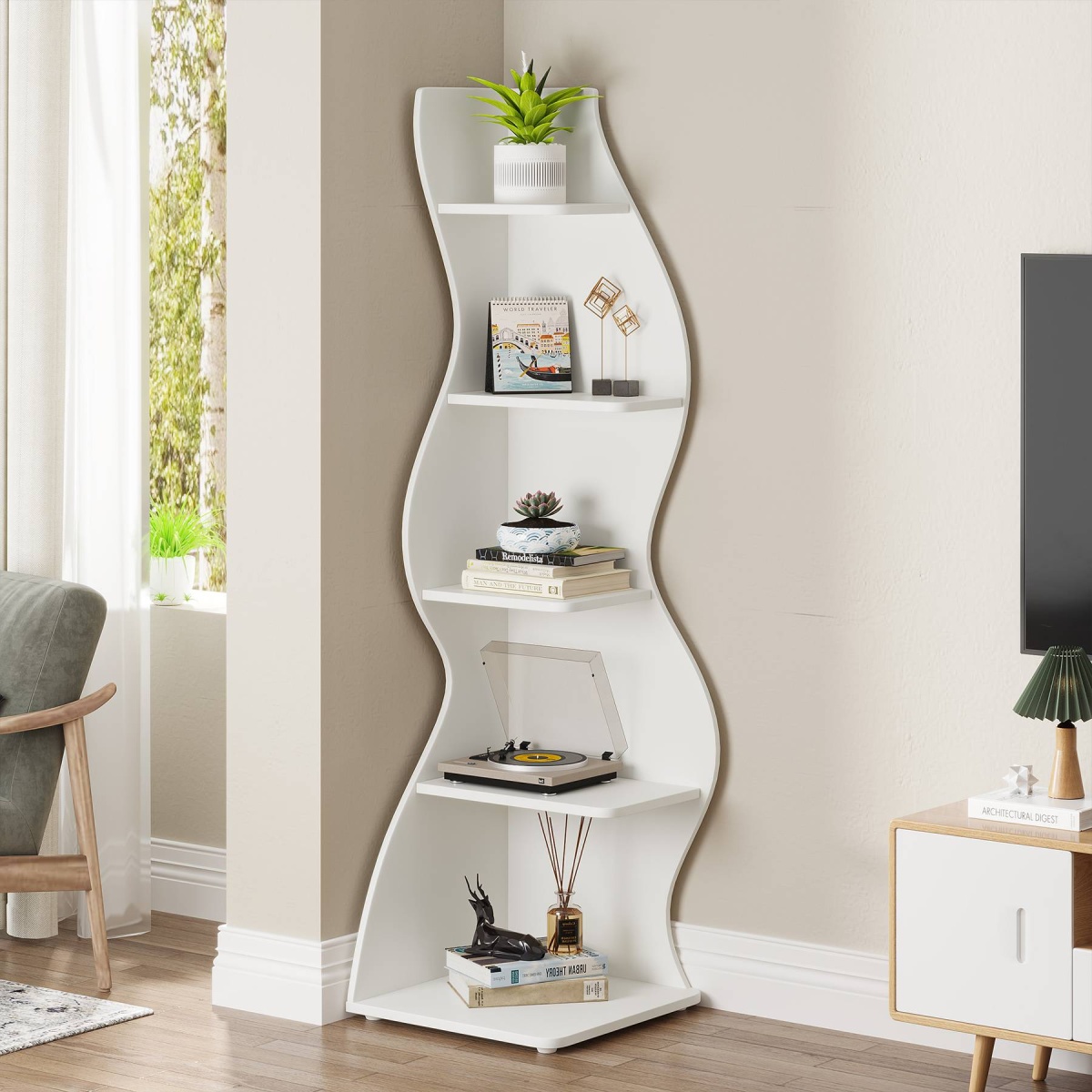Corner Shelf, Modern 5-Tier Wall Corner Bookshelf Bookcase - Image 4