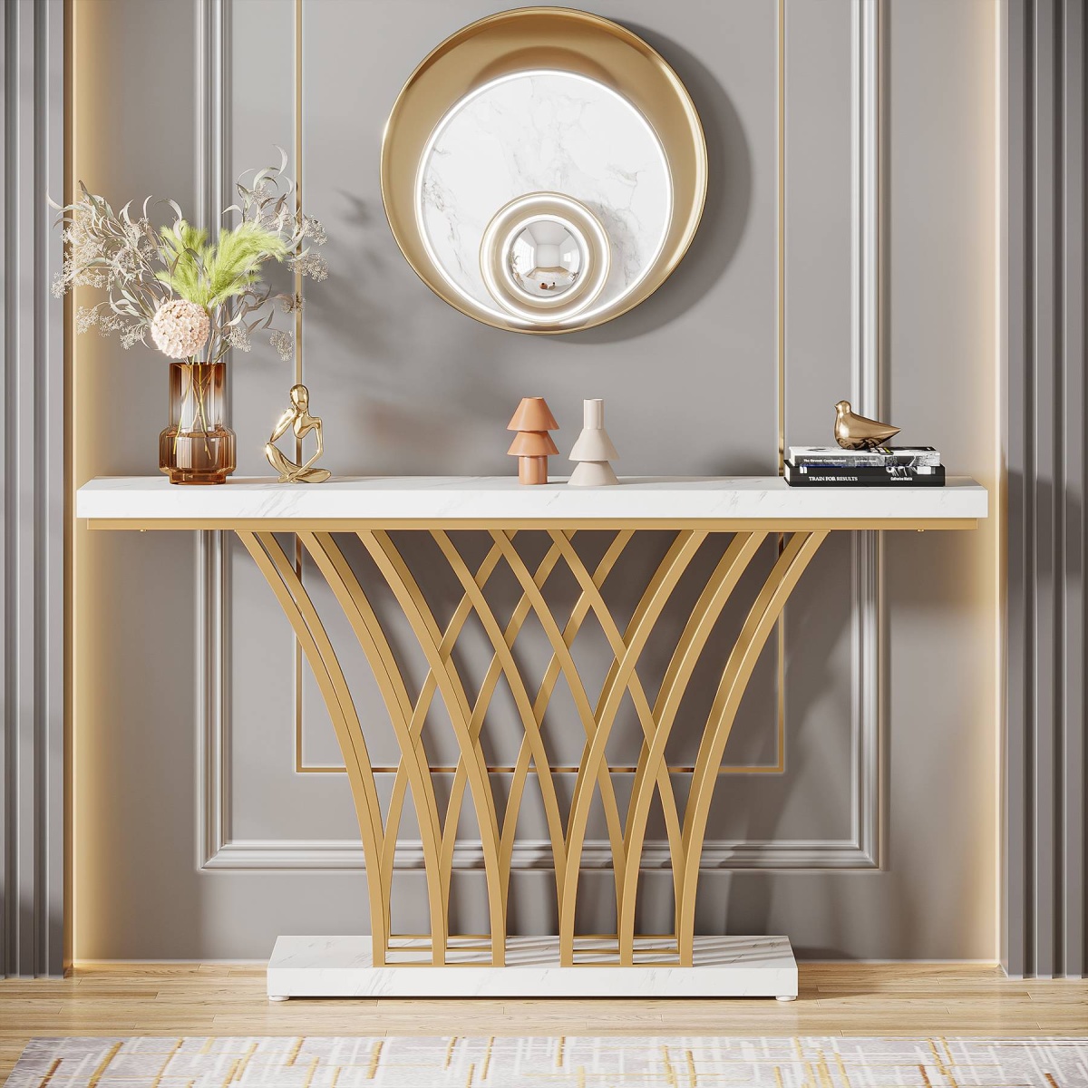 Console Table, 59 ? Faux Marble Entryway Table with Geometric Metal Base - Image 5
