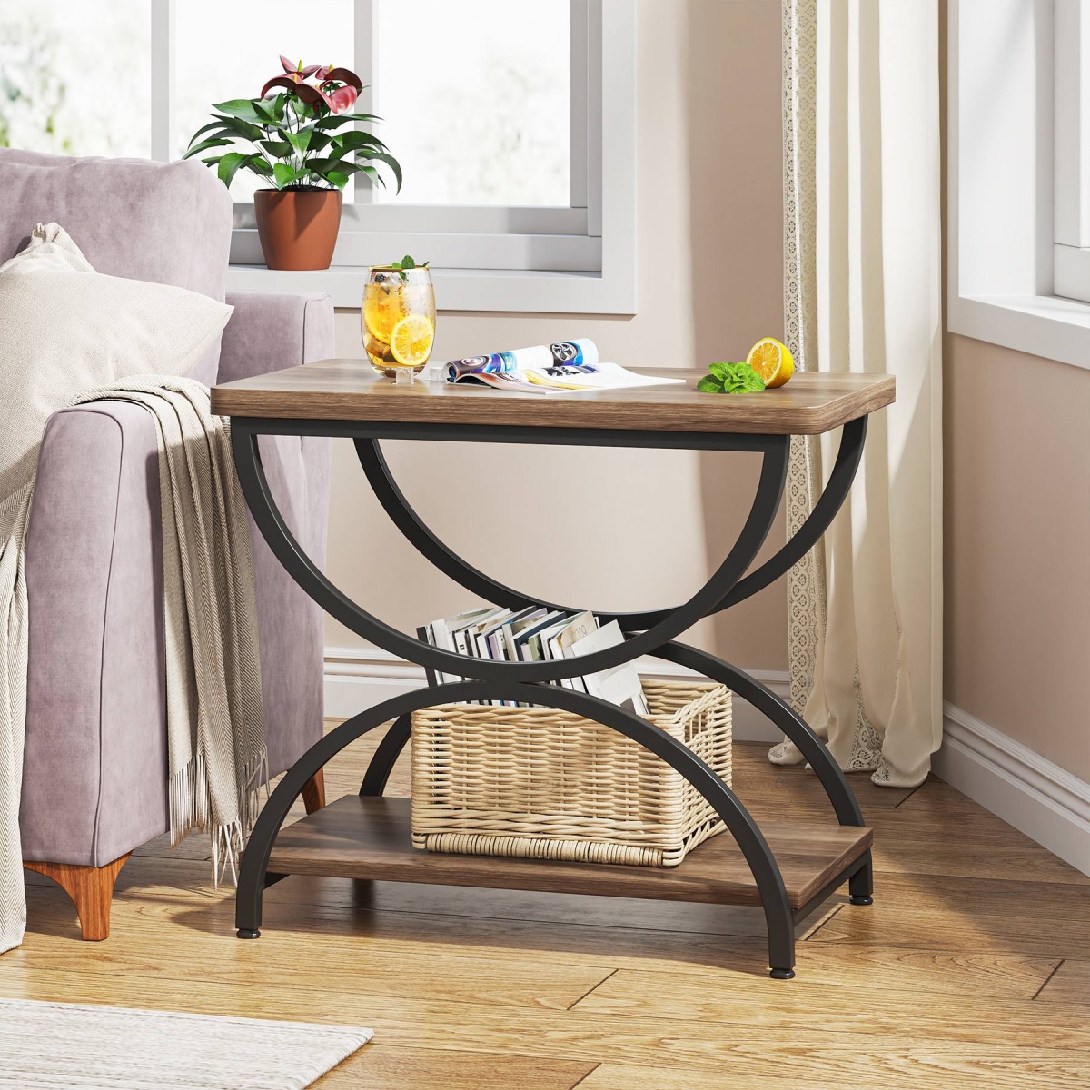 Round End Table, Industrial Side Table with Metal Hollow Frame - Image 92