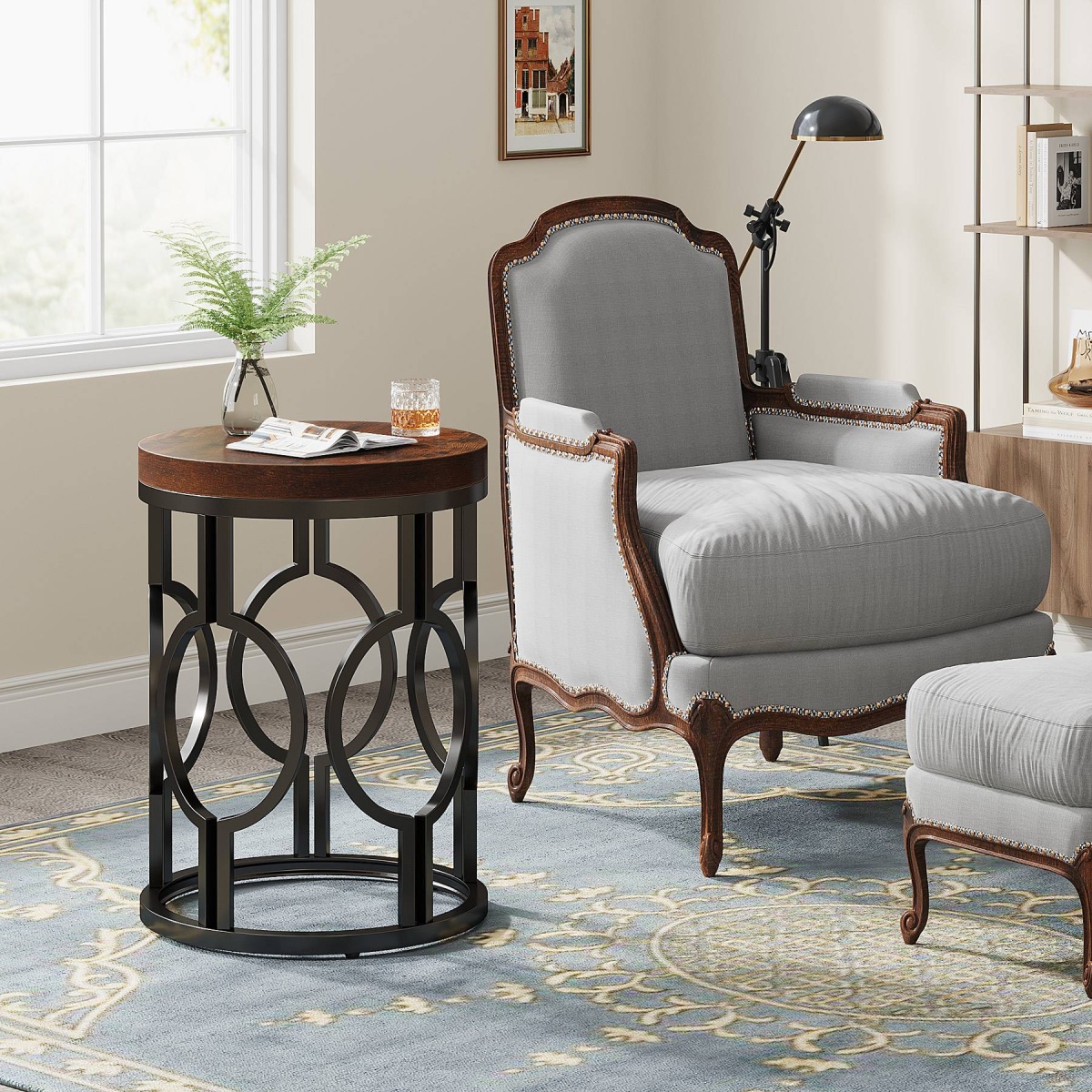 Round End Table, Industrial Side Table with Metal Hollow Frame - Image 6
