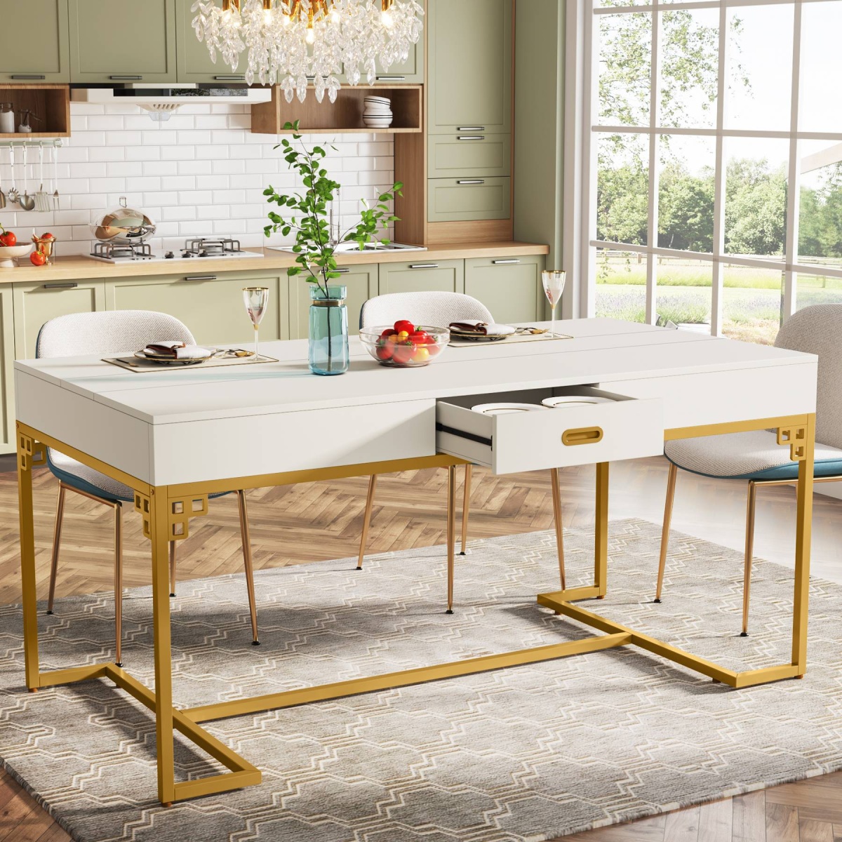 Dining Table, 63? Breakfast Dinner Table with 2 Drawers for 4 to 6 - Image 4