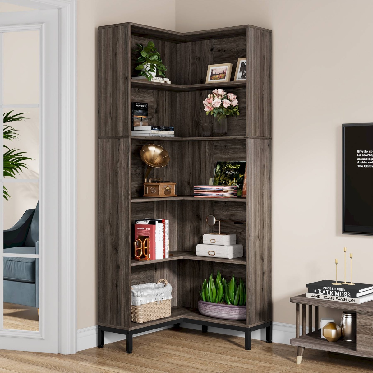 Corner Bookcase, 71 inch 6-Tier L-Shaped Etagere Bookshelf - Image 5