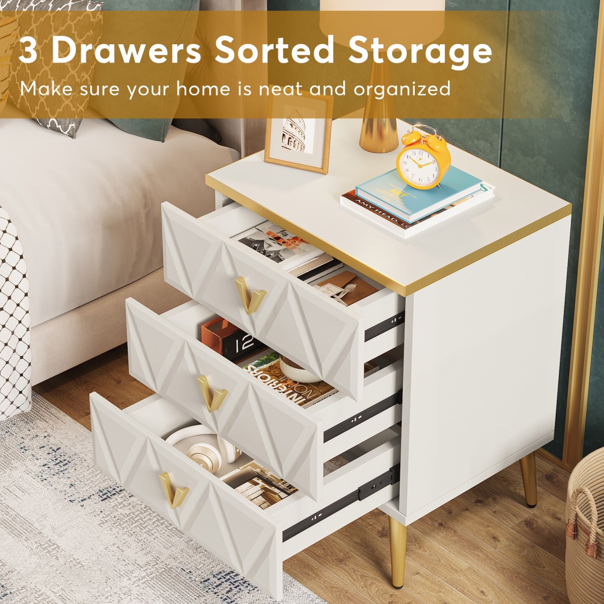 Nightstand, Modern Wooden Bedside Table with Three Drawers - Image 6