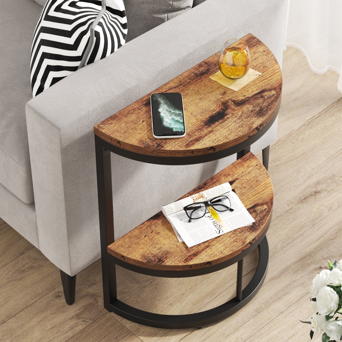 End Table, Half Round Narrow Side Table with Metal Frame - Image 8