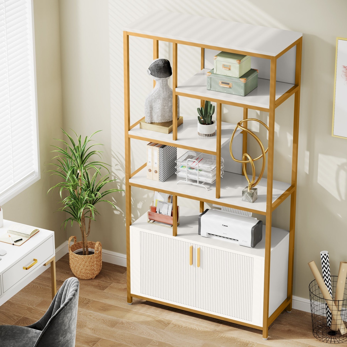 Bookshelf, 70.86? Etagere Bookcase with Storage Cabinet & Open Shelves - Image 6