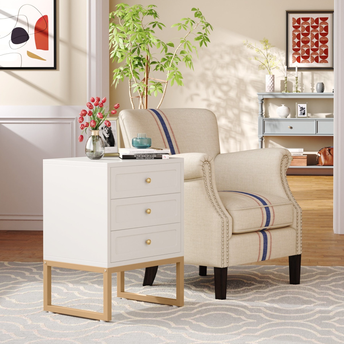 Nightstand, Modern Bedside End Table with 3 Drawers - Image 6