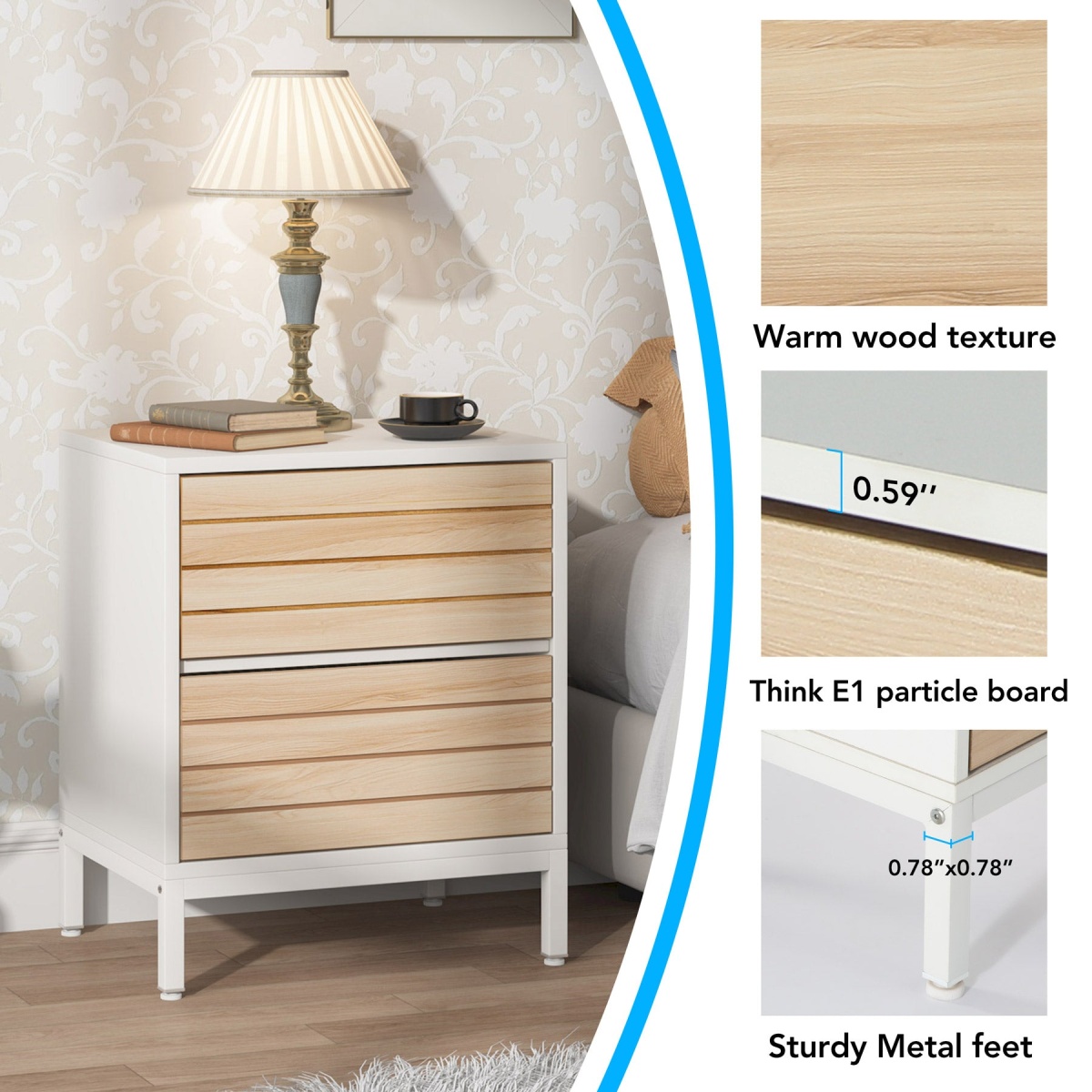 Nightstand, Wood End Table Bedside Table with 2-Drawer - Image 6