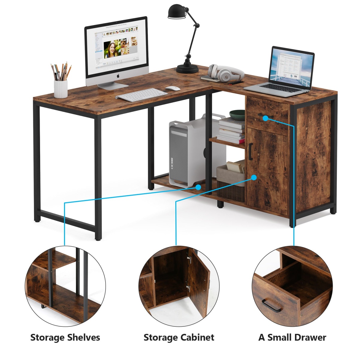 L Shaped Desk with Drawer Cabinet, 47 Inch Corner Desk - Image 7