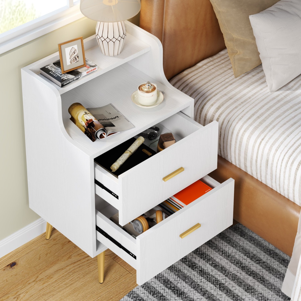Nightstand, Modern Bedside Table with 2 Drawers - Image 6