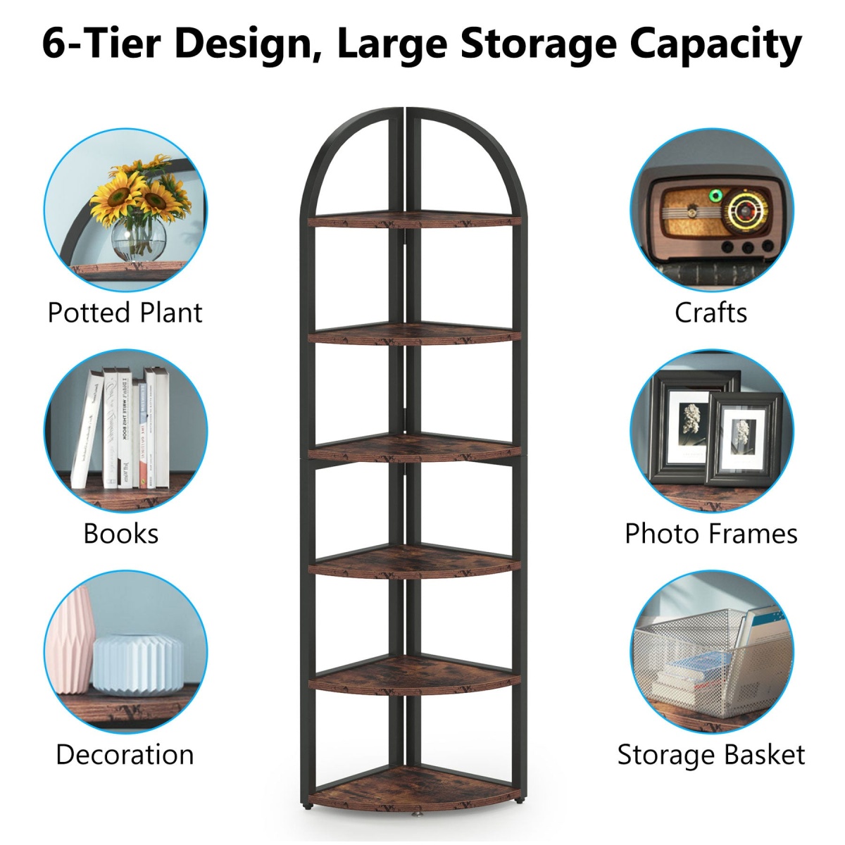 6 Tier Corner Shelf, 71 inch Tall Corner Bookshelf for Small Space - Image 6