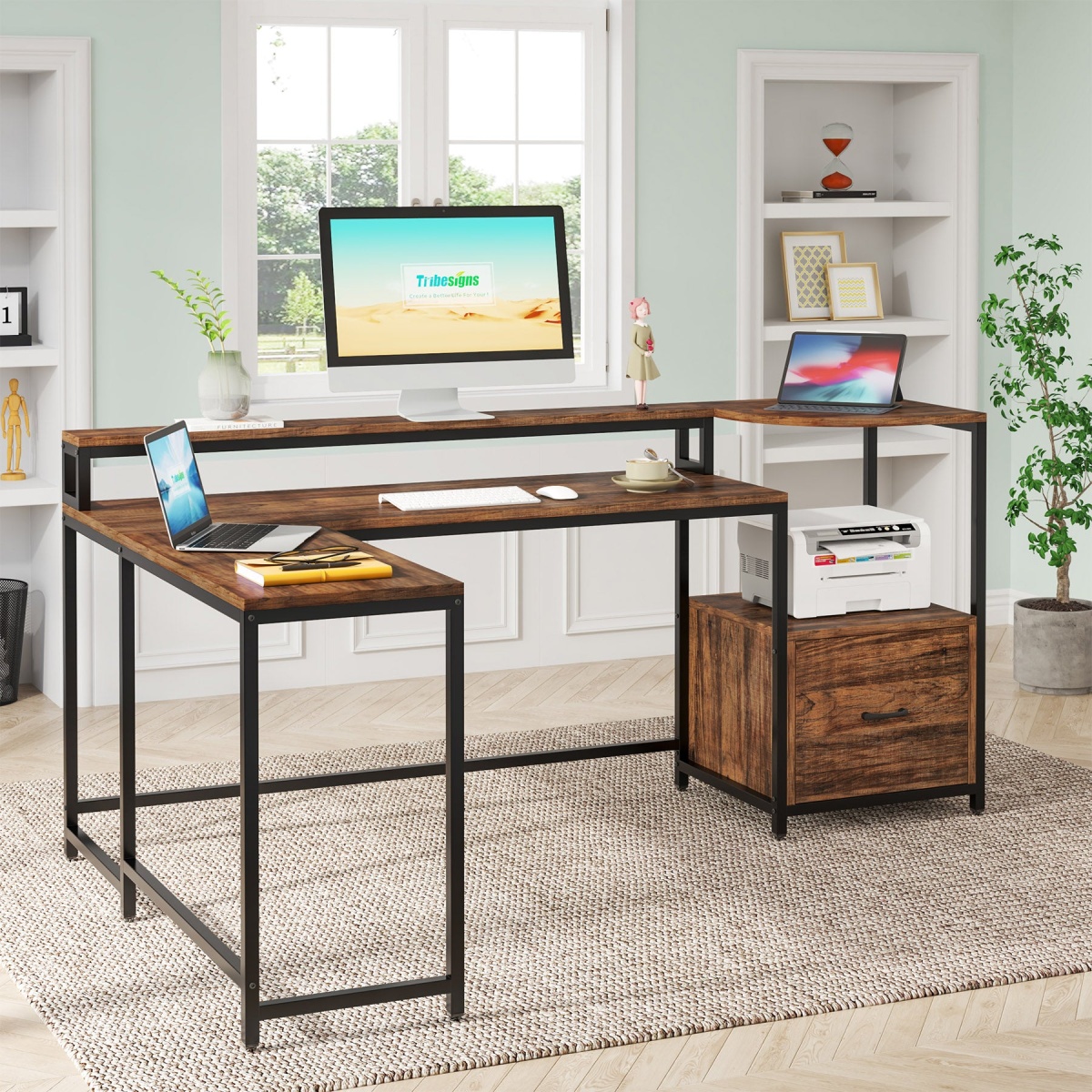 L-Shaped Desk, 67 Inch Corner Computer Desk with Hutch and Drawer - Image 6