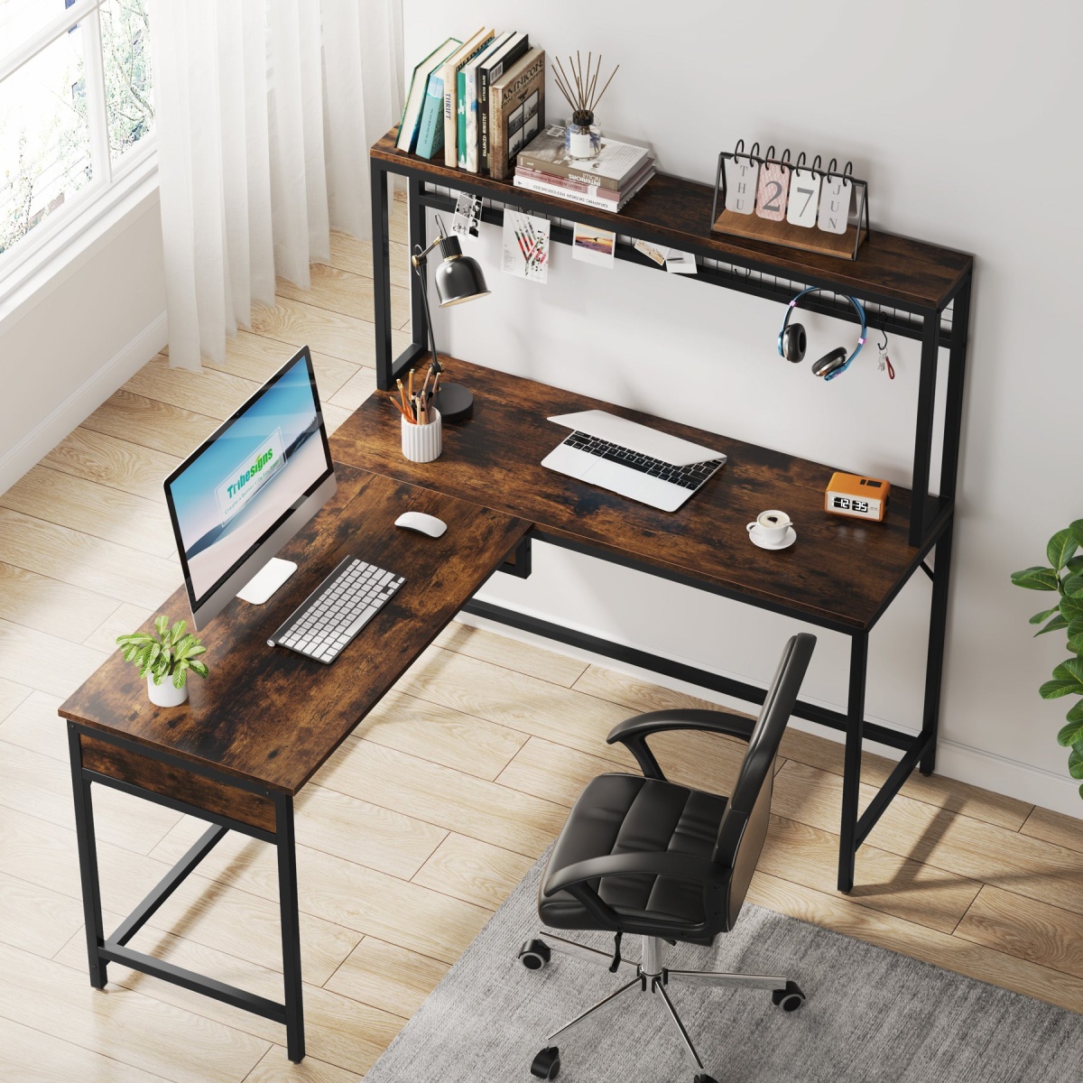 Lift Top L-Shaped Desk, Corner Height Adjustable Desk with Hutch - Image 4